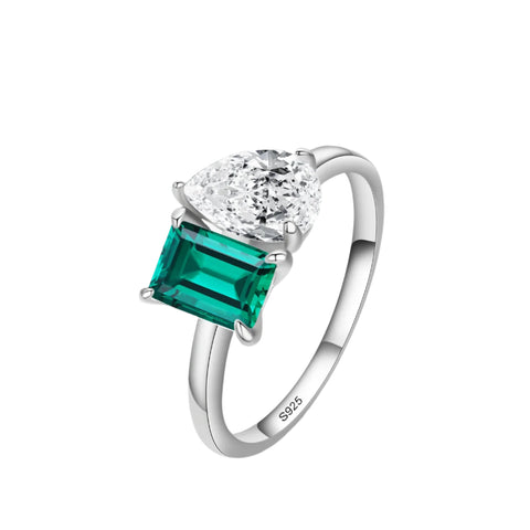 925 Sterling Silber Ring mit grüner rechteckiger Zirkonia und funkelndem Wassertropfen-Emblem