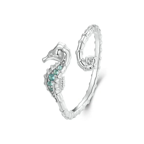 925er Sterlingsilber Ring mit grünem Seepferdchen und verstellbarem