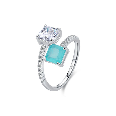 925 Sterling Silber Ring mit funkelndem quadratischem CZ und Paraiba-Turmalin