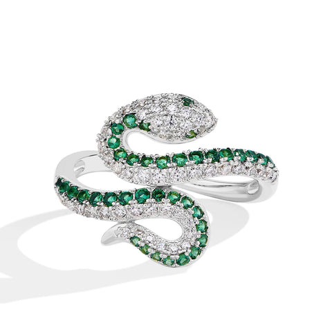 Schlange Ring mit Moissanit und grünen Diamanten aus 925e