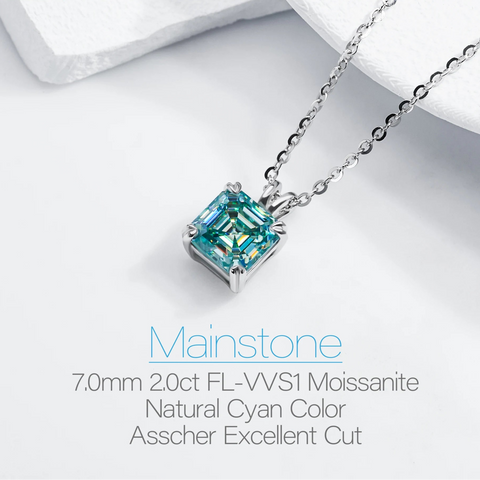 Halskette mit Moissanit Asscher-Schliff natürlicher Cyanfarbe,