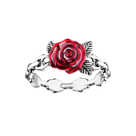 Ring mit roseroter Rose aus echtem 925er Sterling Silbe