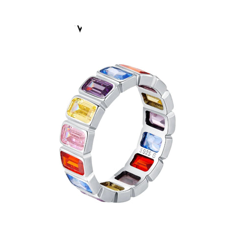 925er Sterlingsilber Valência Bunte Rechteckige Zirkonia Eternity Band Ring für Dame