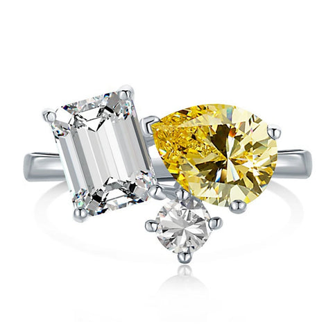925 Sterling Silber Ring mit gelbem Citrin und zwei weißen Zirkonen für Frauen