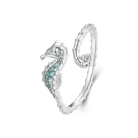 925er Sterlingsilber Ring mit grünem Seepferdchen und verstellbarem