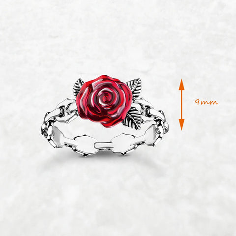 Ring mit roseroter Rose aus echtem 925er Sterling Silbe