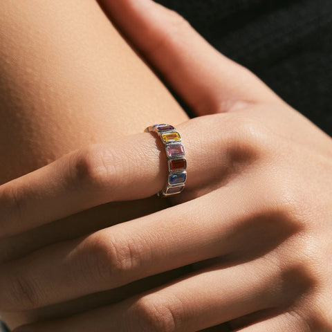 925er Sterlingsilber Valência Bunte Rechteckige Zirkonia Eternity Band Ring für Dame