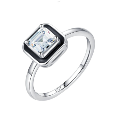 925 Sterling Silber Ring mit klarem Zirkonia und schwarzem Emaille