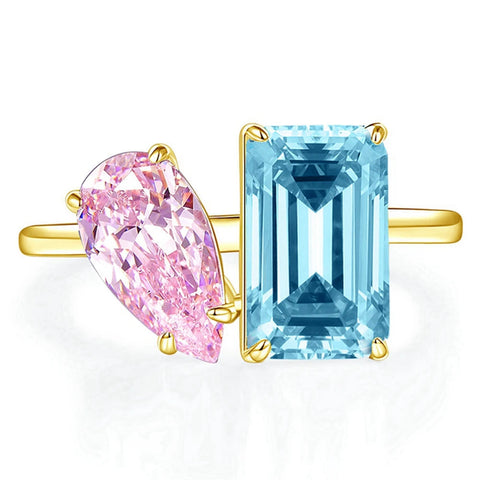 Goldfarbener Ring mit pinkem und blauem Zirkon  Damenring aus 925er Sterlingsilber
