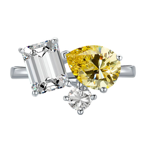 925 Sterling Silber Ring mit gelbem Citrin und zwei weißen Zirkonen für Frauen