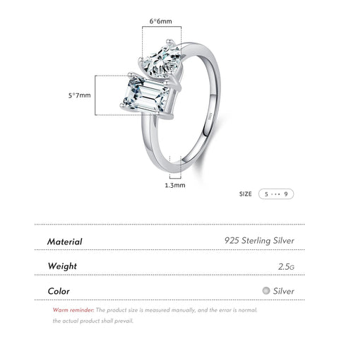 Ring aus 925 Sterling Silber mit rechteckigem und rundem klaren Zirkonia